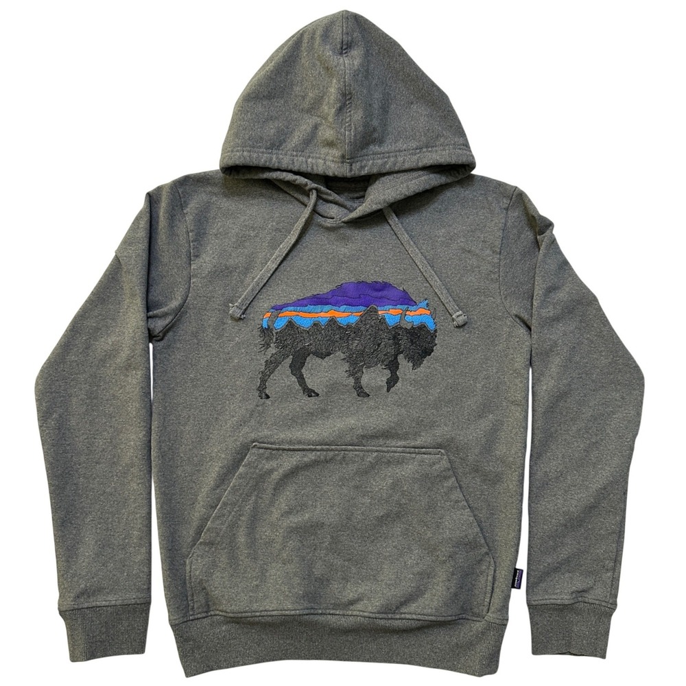 Patagonia Hoodie‎ Mens XS Gray Uprisal Fitz Roy Bison Graphic Gorpcore Outdoors